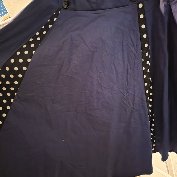 Sleeveless Navy Polka Dot Accent A-Line Dress - Picture 2 of 4